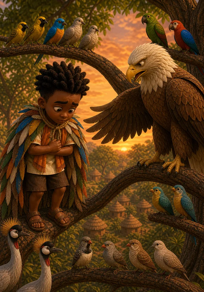 Kweku apologizes in his feather cloak while the Eagle King gestures with a natural wing.