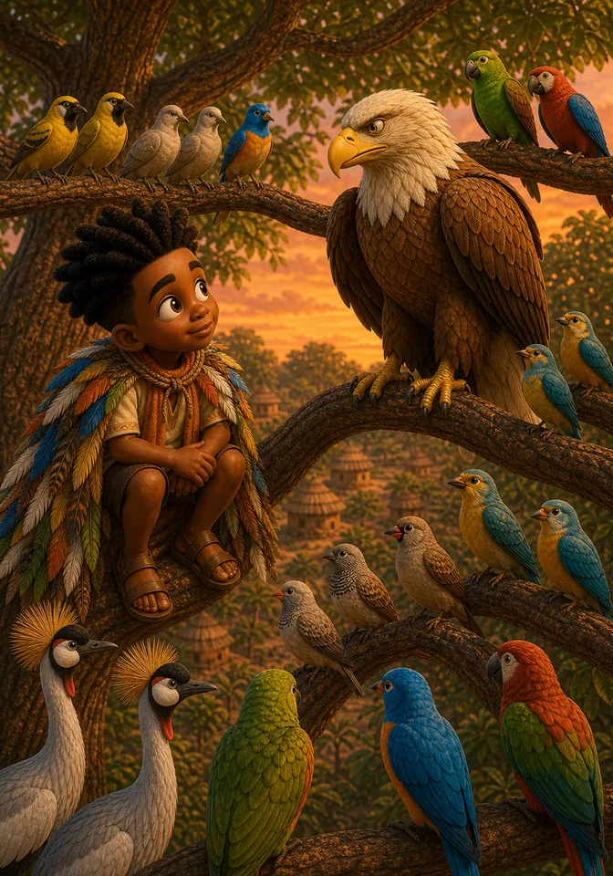 Kweku listens as the Eagle King and gathered birds make their decision.