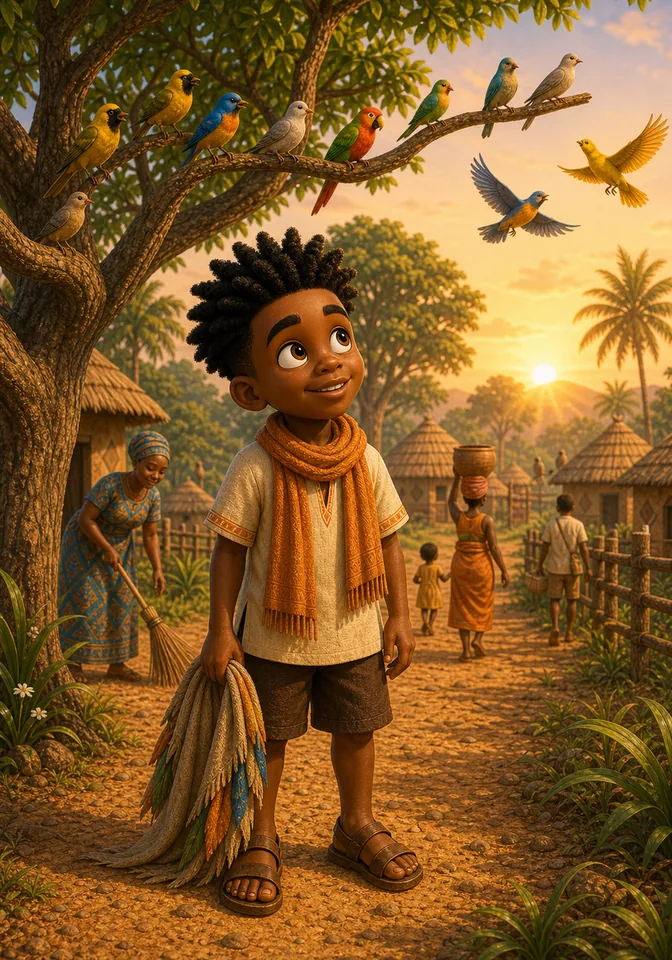 Kweku listens gratefully from the village path as birds sing at dawn.