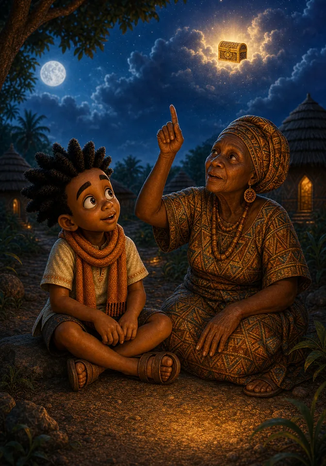 Grandmother Ama tells Kweku about Nyame's golden story box.