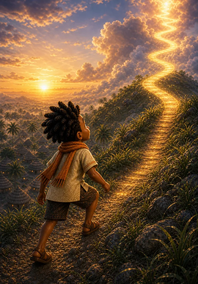 Kweku follows the hill toward the sky road.
