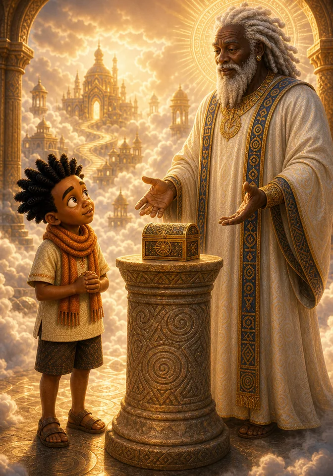 Nyame sets three tasks beside the golden story box.