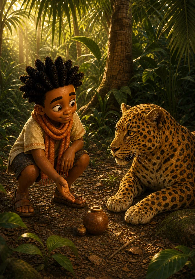 Kweku offers Osebo an echo gourd.