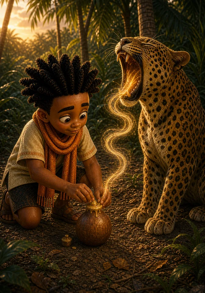 Osebo roars into the echo gourd while Kweku bows.