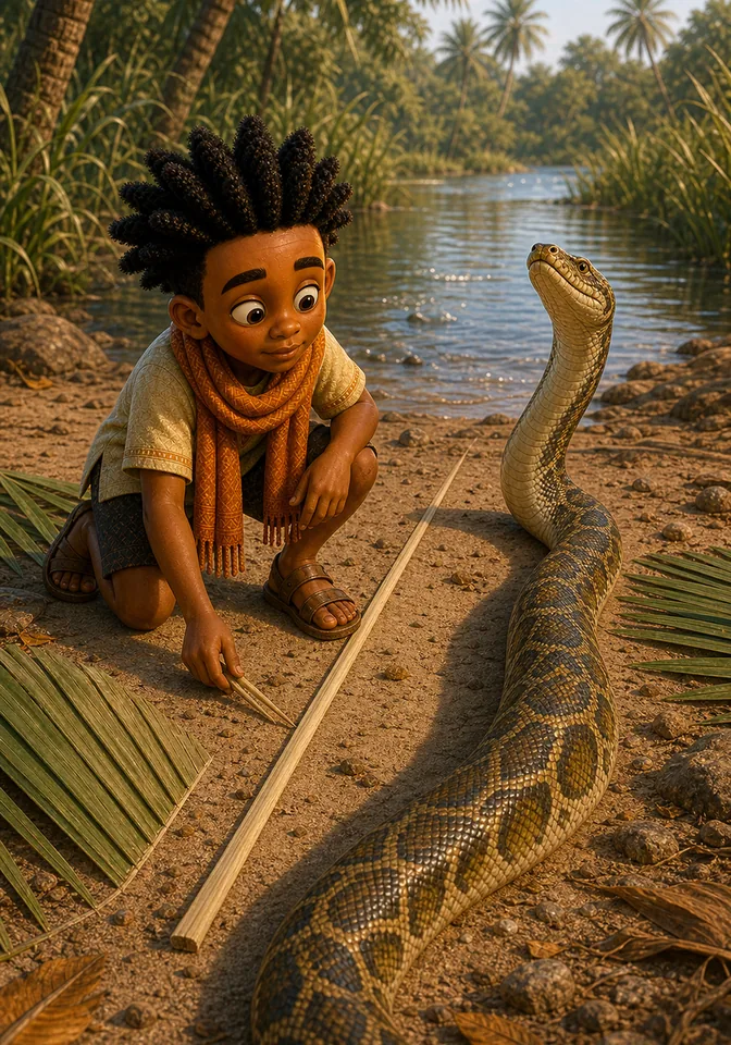 Kweku invites Onini to measure himself beside a palm rib.