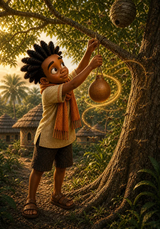 Kweku gathers hornet music with a honey calabash.