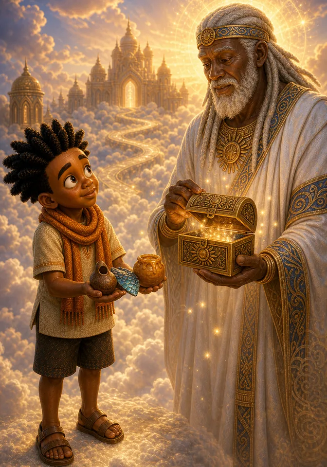 Nyame opens the golden story box slightly as voices glow out.