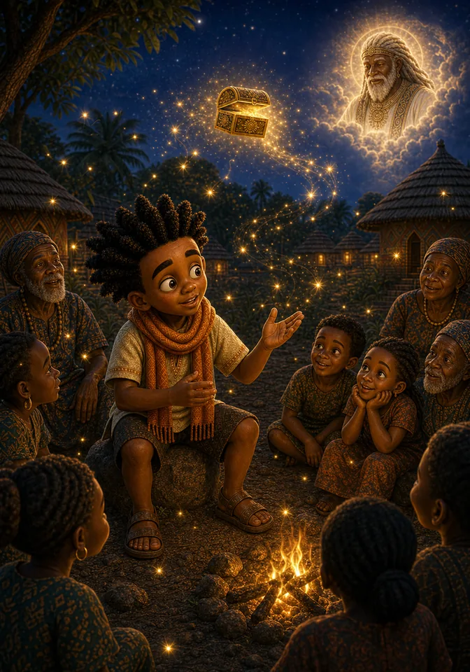 Stories stream from the golden box and settle across the village.