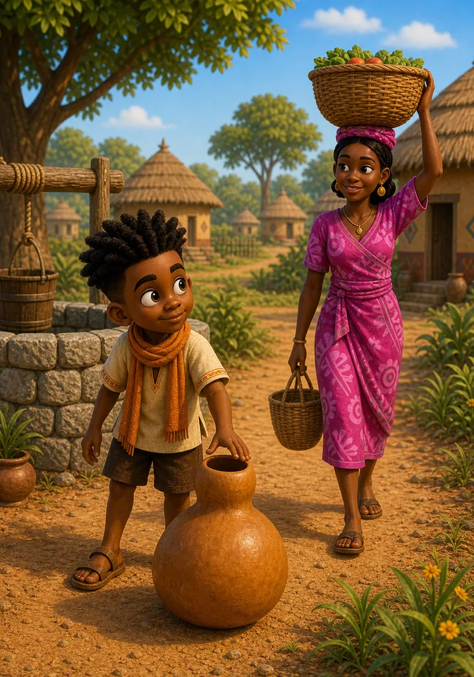 Efua the market woman walks past Kweku with a basket on her head.