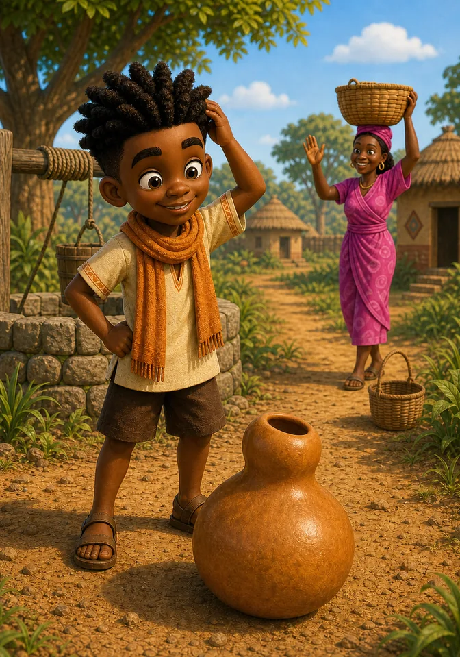 Kweku Anansi pats his head proudly while Efua waves nearby.