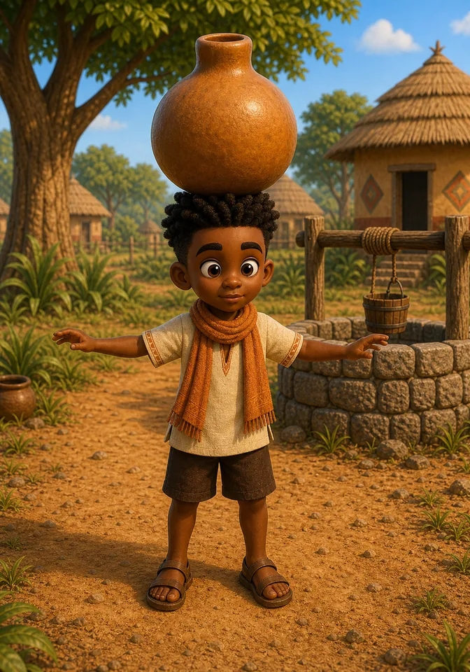 Kweku Anansi carefully balances the calabash on his head.