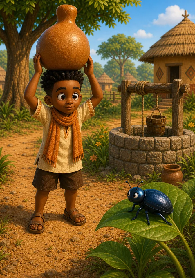 Mmoboro the beetle watches Kweku balance the calabash.