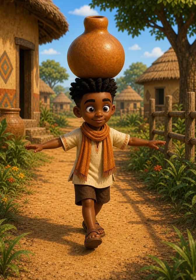 Kweku Anansi takes tiny careful steps with the calabash on his head.