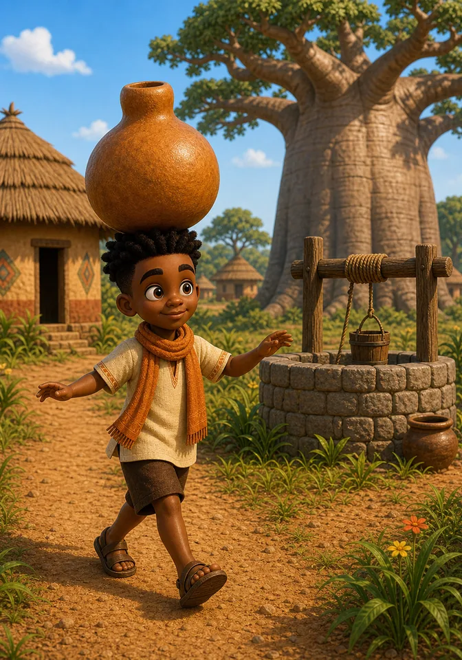 Kweku Anansi walks proudly past the well and baobab tree.