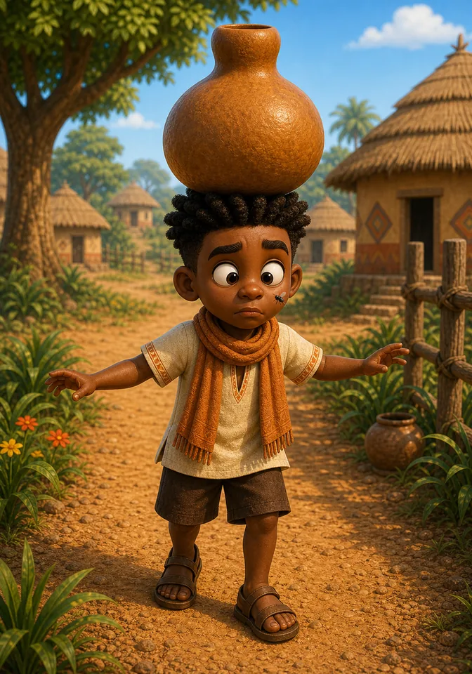 A tiny fly tickles Kweku Anansi's nose while he balances the calabash.
