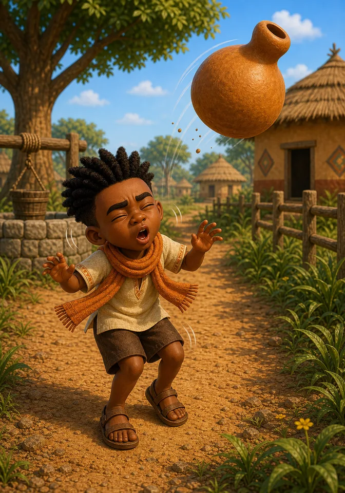 Kweku Anansi sneezes and the calabash tumbles through the air.