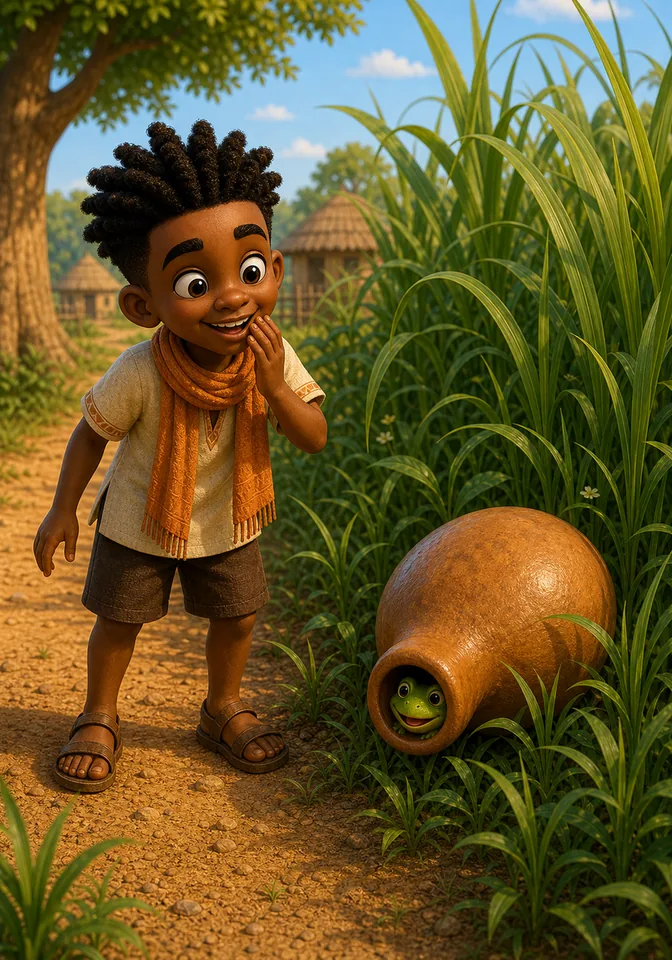 Apotro the frog sits inside the calabash while Kweku Anansi giggles nearby.