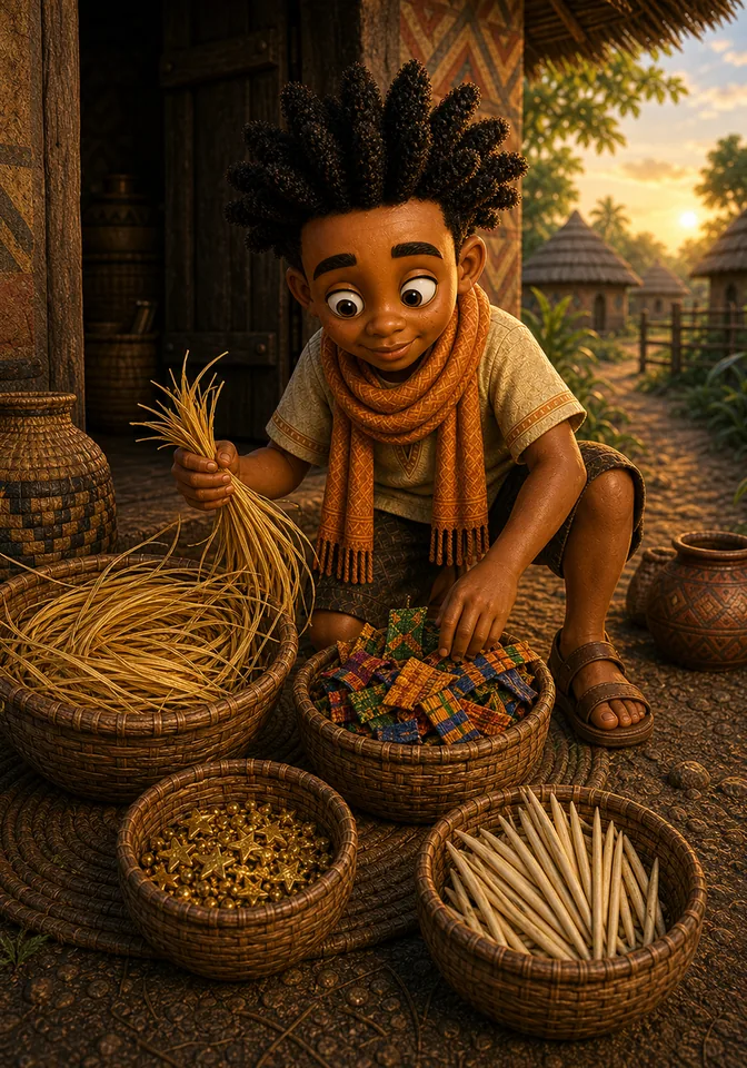 Kweku gathers raffia, kente scraps, star beads, and palm needles.