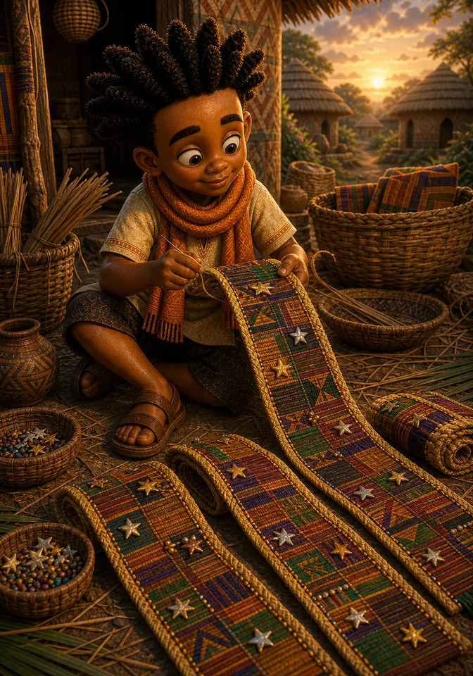 Kweku weaves wide story ribbons at his hut.