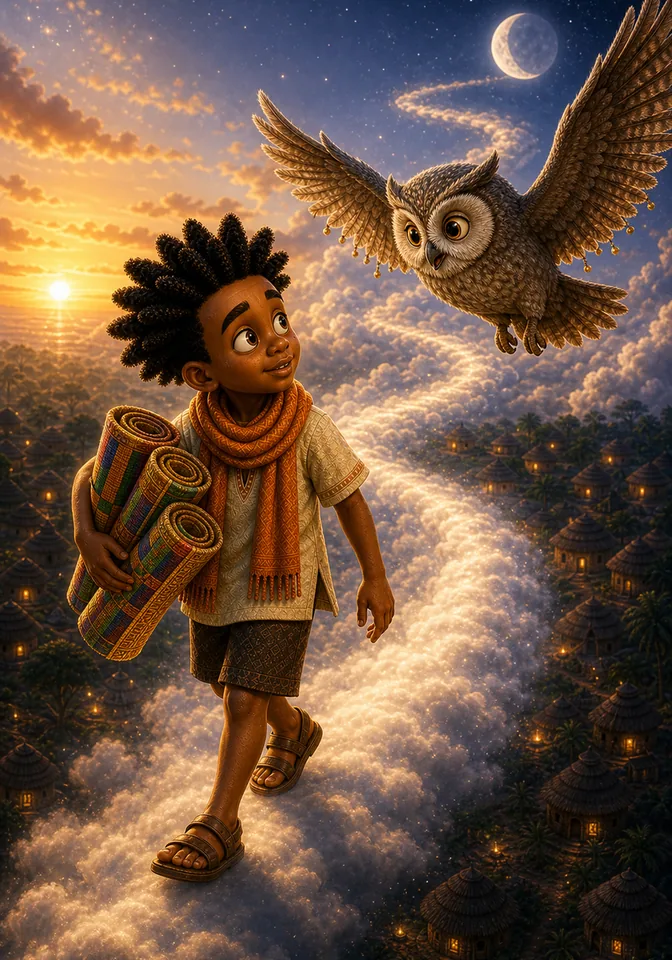 Kweku walks up a misty cloud road carrying story ribbons.
