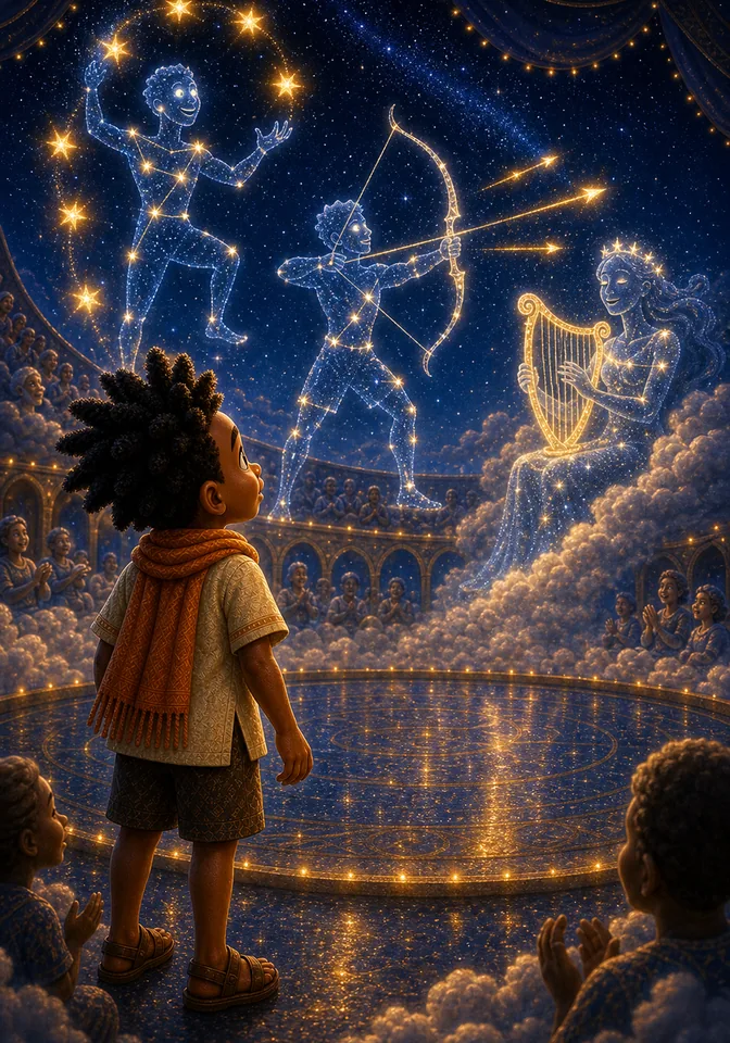 Kweku watches constellation performers in the Celestial Circus.