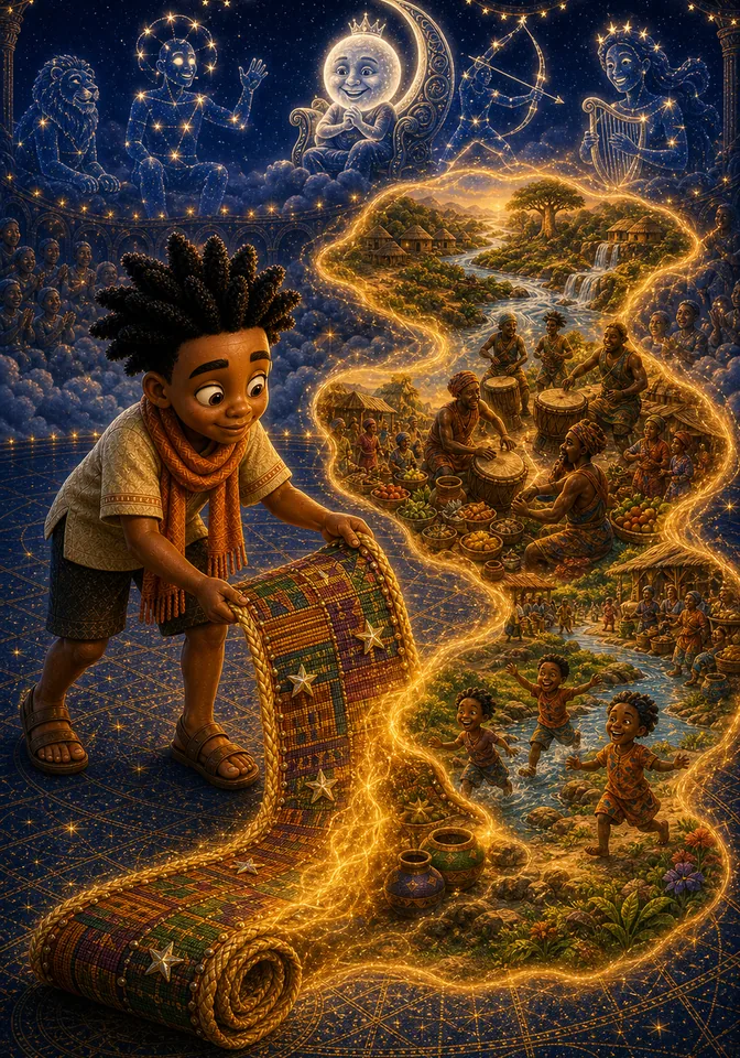 Kweku unrolls a ribbon that becomes an Earth story.