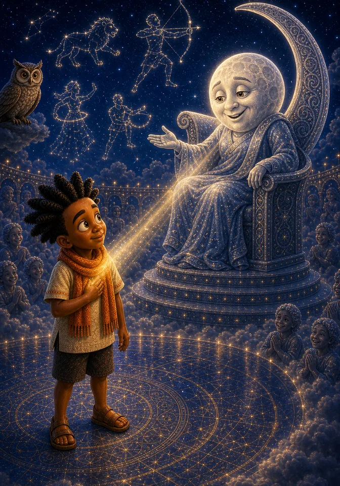 The Moon places a gentle moonbeam on Kweku's scarf.
