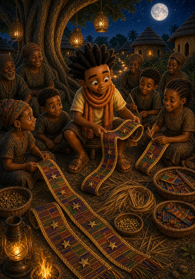 Kweku teaches children to weave wide story ribbons beneath the Moon.