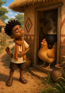 Kweku smells soup outside a village cooking hut while a hen blocks the doorway.