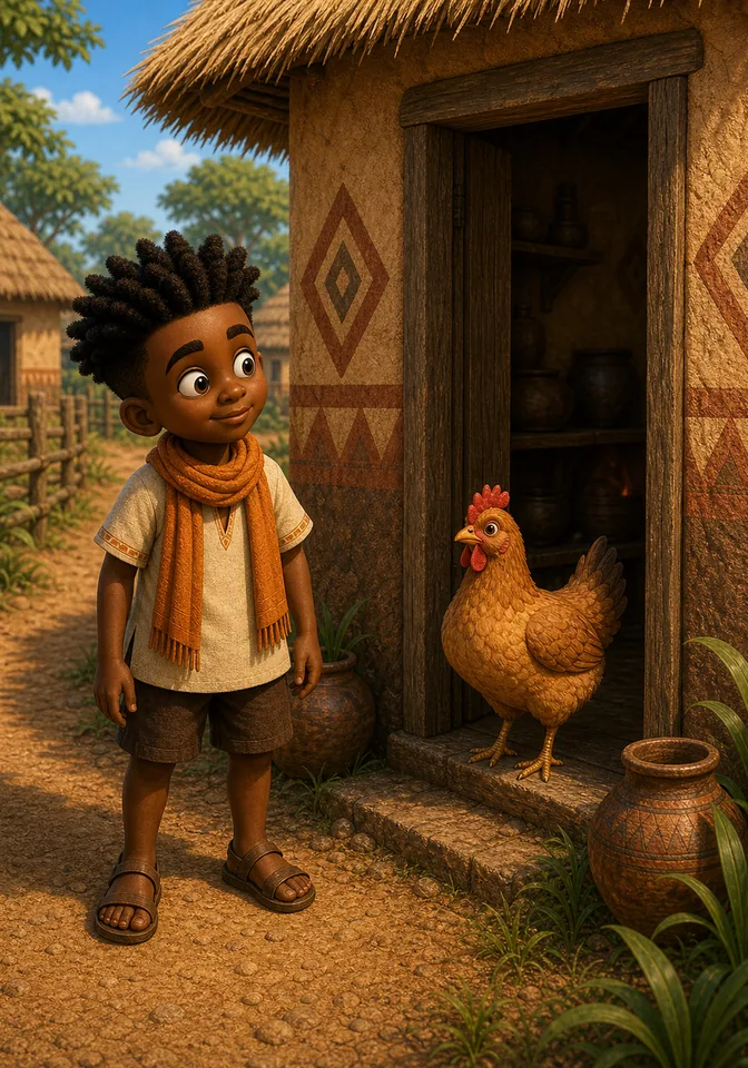 A proud big hen fluffs her feathers in the cooking hut doorway.