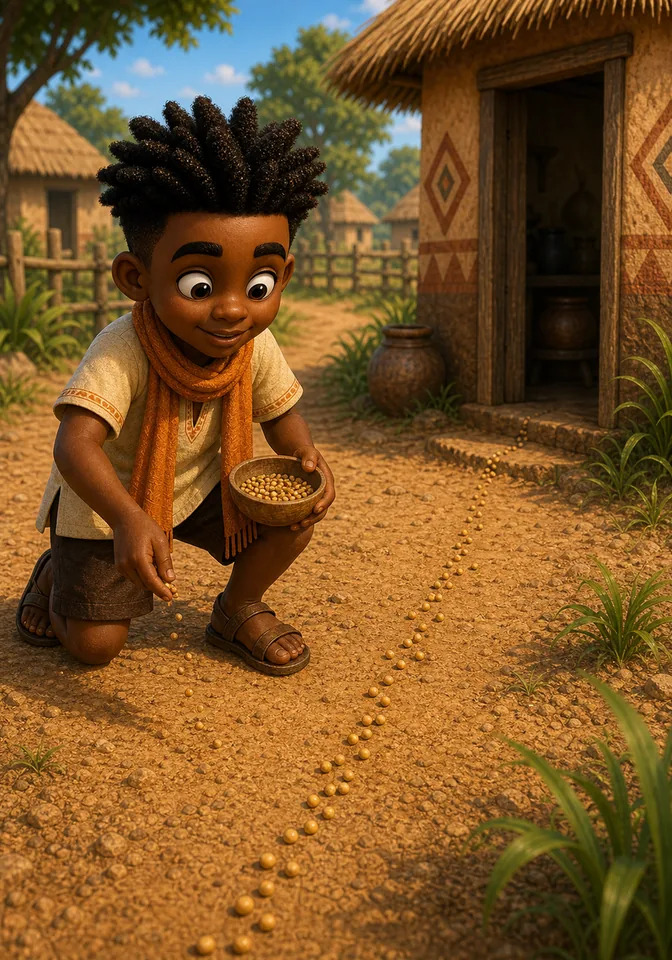Kweku drops tiny seeds in a trail along the dusty village path.