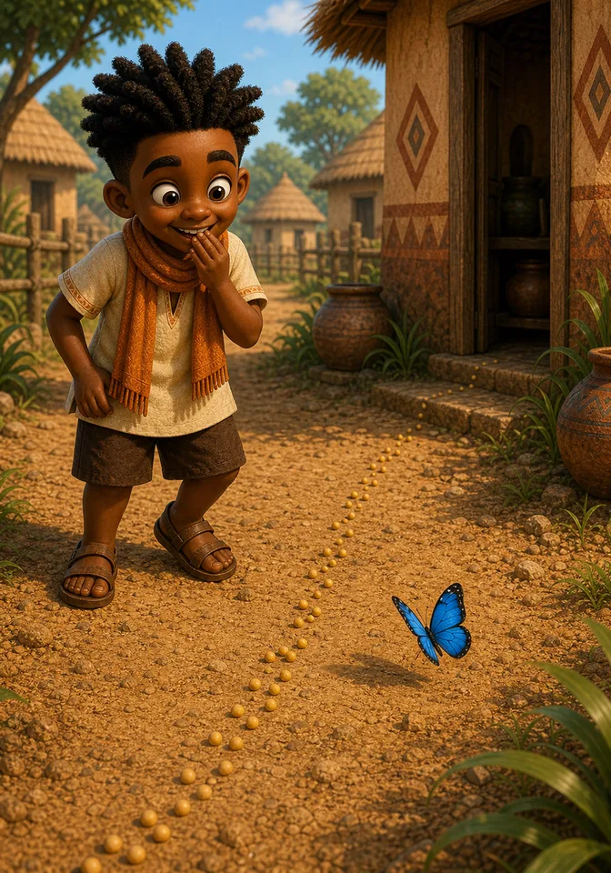 A blue butterfly flutters near Kweku's trail of seeds.