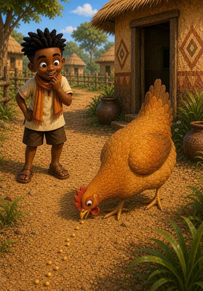 The Big Hen pecks at seeds and follows the trail away from the doorway.
