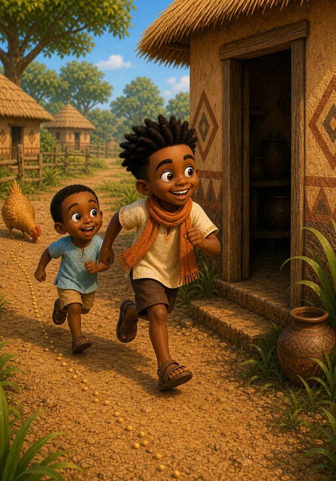 Kweku and Dzifa run toward the clear cooking hut doorway.
