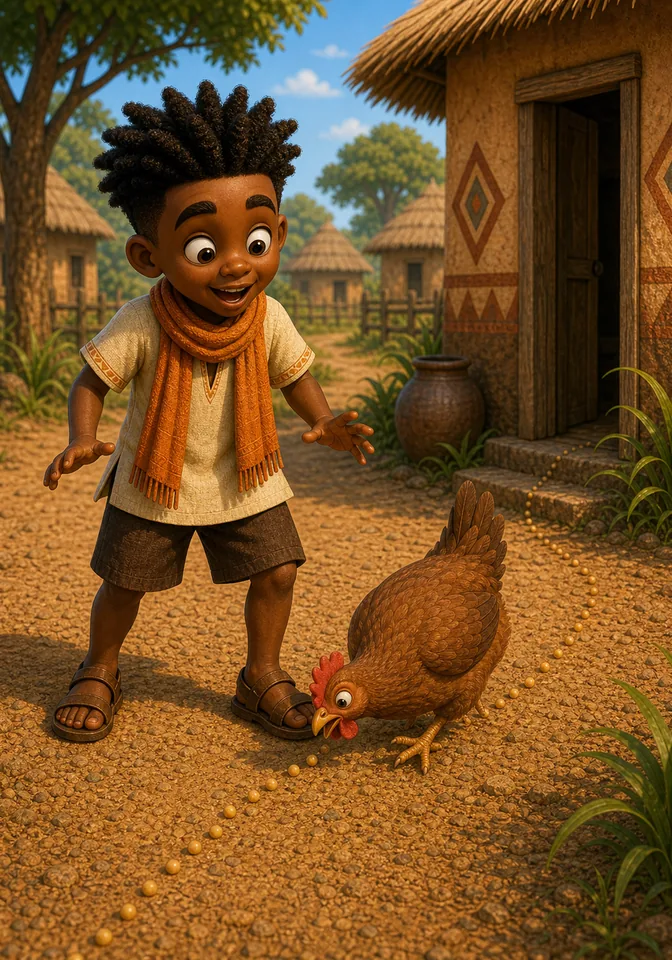 A Brown Hen follows the seed trail toward Kweku's sandals.