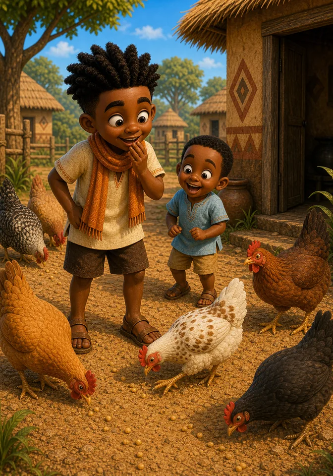 Kweku and Dzifa laugh as several friendly chickens gather around the seeds.