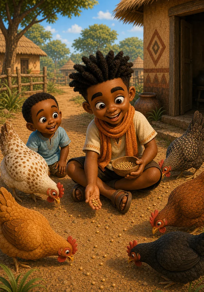 Kweku shares the last seeds with a friendly group of chickens.