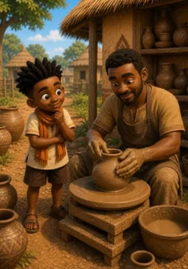 Kweku watches Yao the potter shape clay at a pottery wheel.