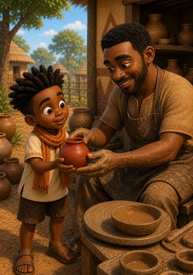 Yao hands Kweku a small red clay pot.