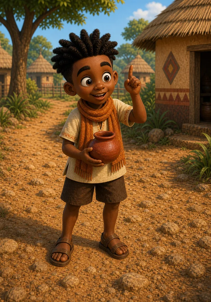 Kweku studies a bumpy path while holding the red clay pot.