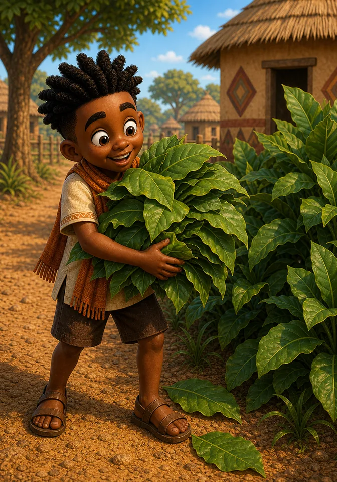 Kweku gathers broad green leaves from a bush.