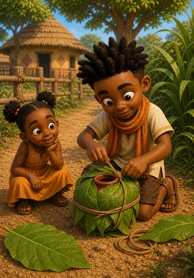 Abena watches as Kweku wraps the red pot in green leaves.