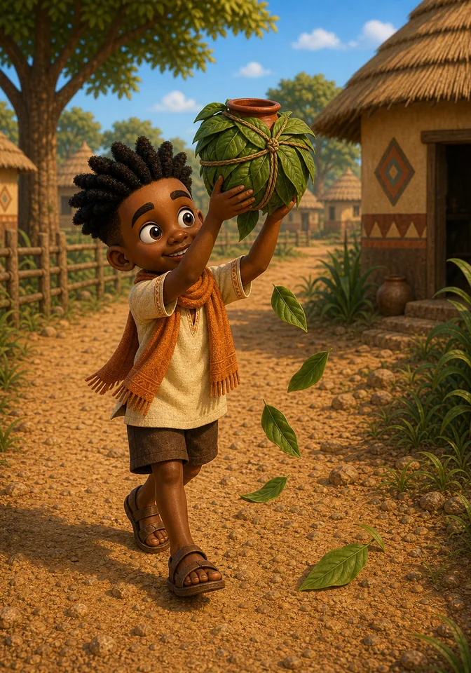 Kweku walks home with the leafy wrapped pot as leaves begin to fall.