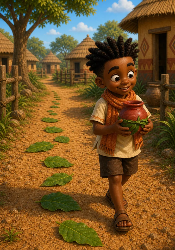 A trail of green leaves falls behind Kweku on the dusty path.