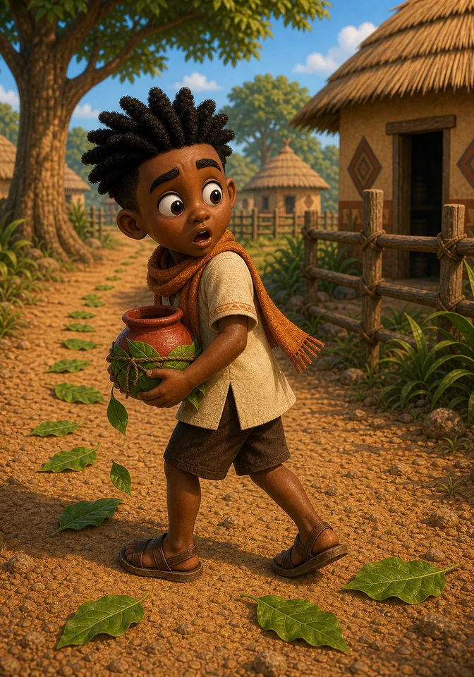 Kweku looks back in surprise at the fallen leaves.