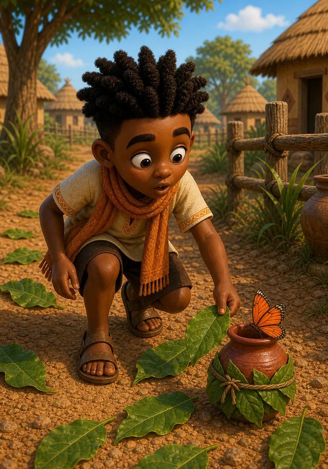 An orange butterfly lands on the red clay pot as Kweku picks up leaves.