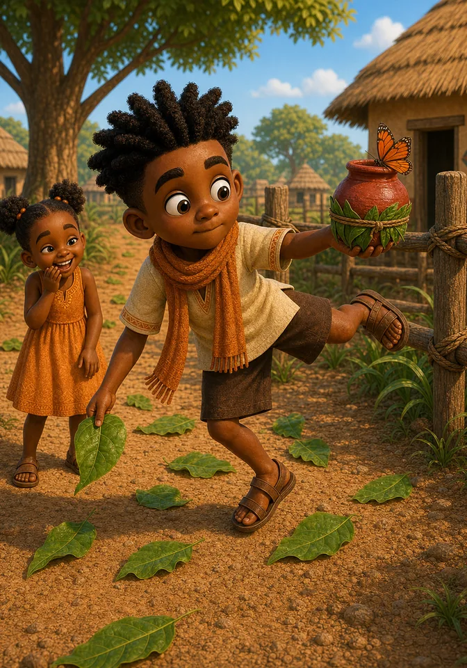 Kweku balances the pot and leaves while Abena laughs and the butterfly rests on the pot.