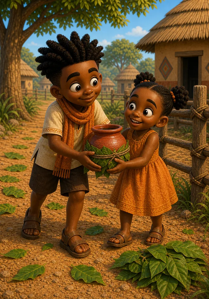 Abena helps Kweku carry the safe pot beside a pile of leaves.