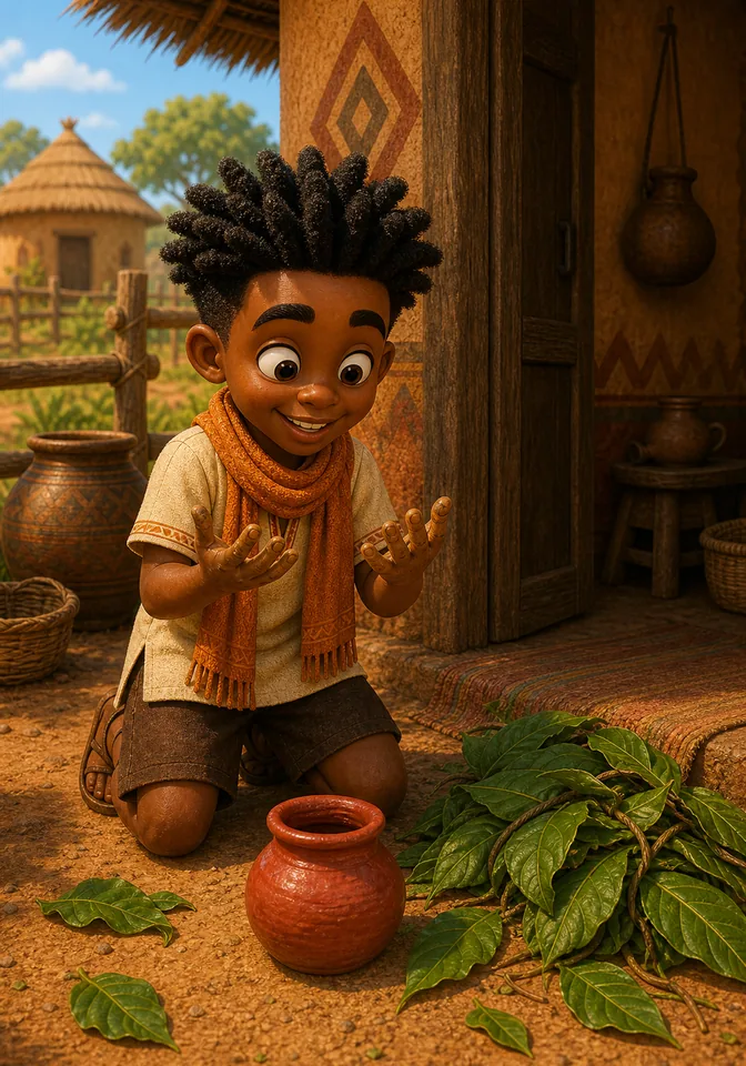 Kweku sets the red clay pot safely at home and laughs at his dusty hands.