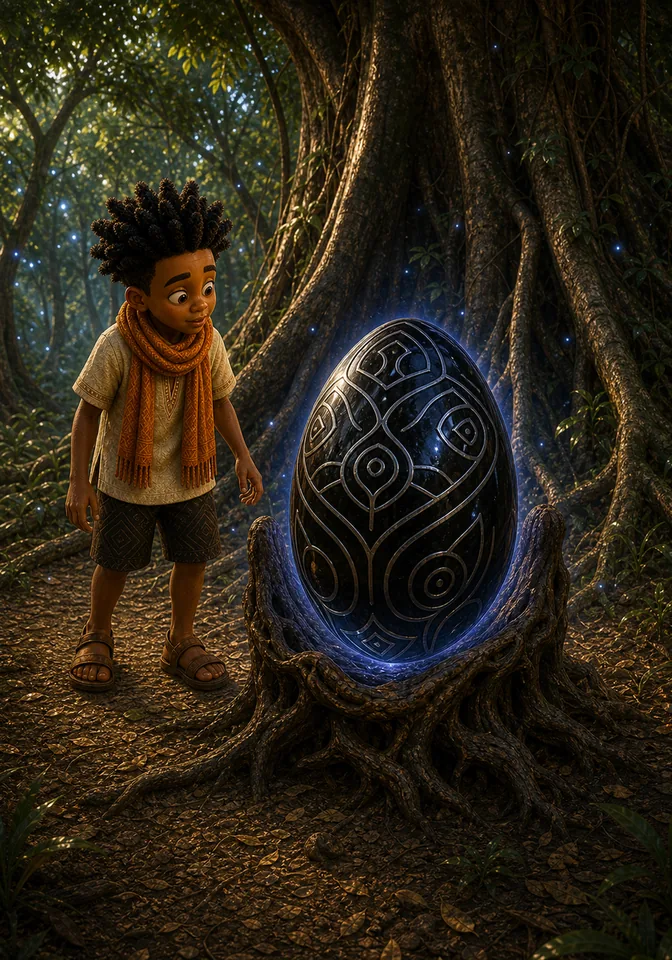 The ebony egg glows beneath a silk-cotton tree.